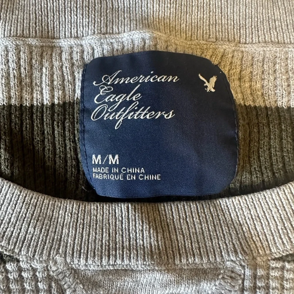 American Eagle gray and army green striped thermal sweater long sleeve size Med - Picture 4 of 7